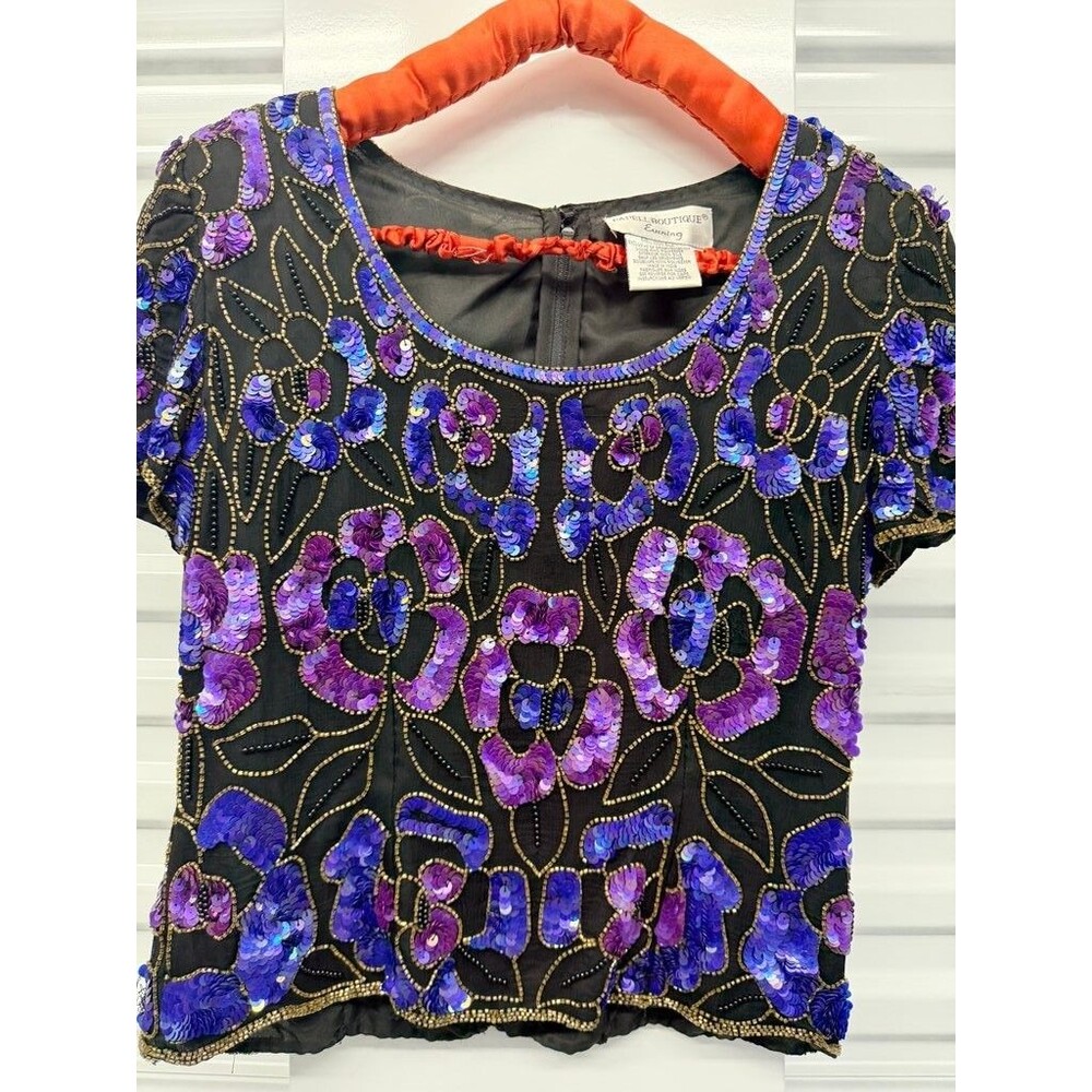 Papell Boutique Evening Sequin Floral Silk Top